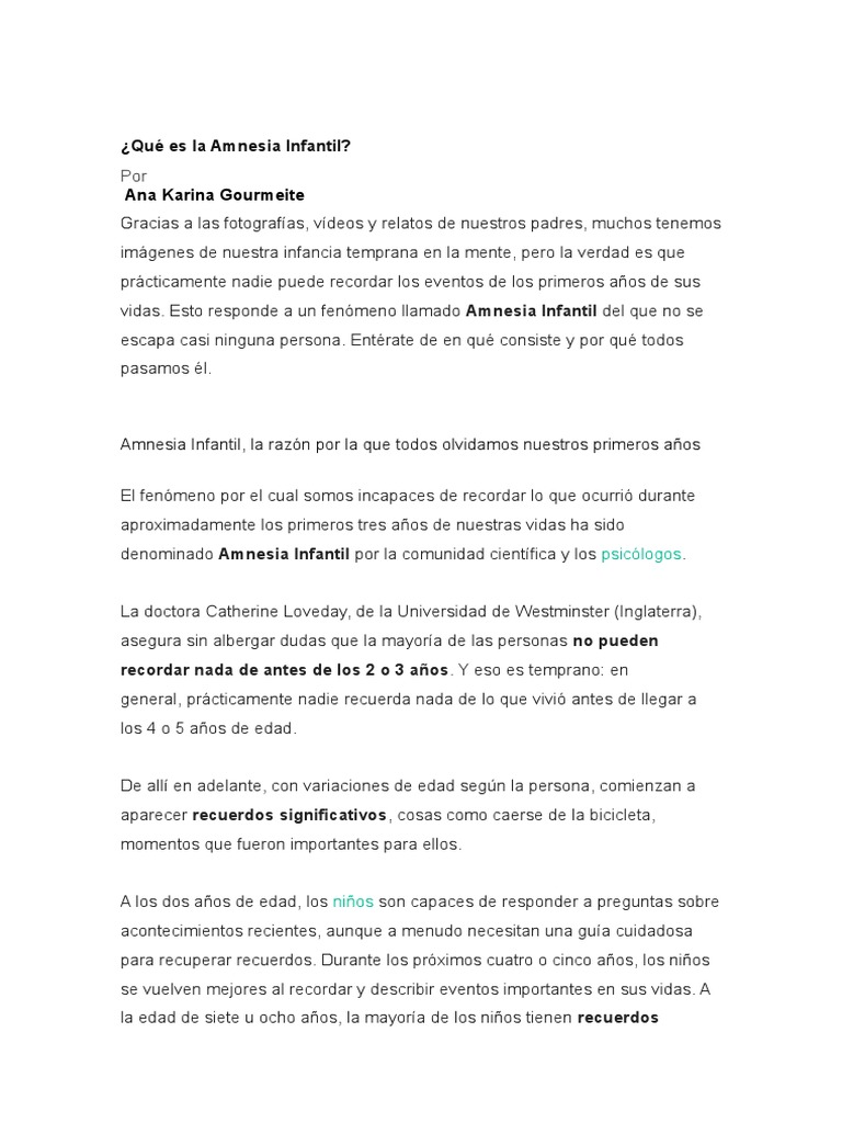 Qué Es La Amnesia Infantil | PDF | Memoria | Adultos
