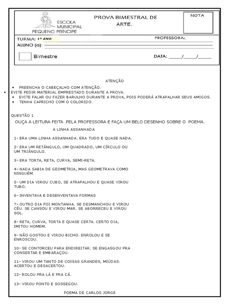 Prova de Arte 1º Ano 1 Bimestre | PDF