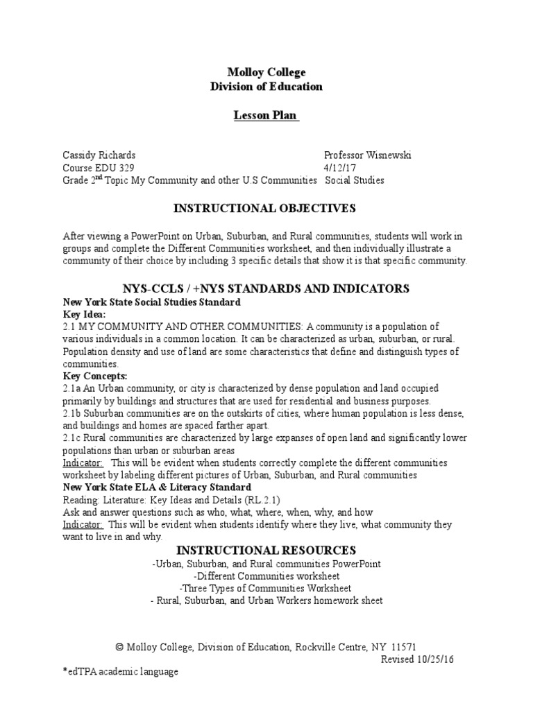 Molloy College Division of Education Lesson Plan New York State Social