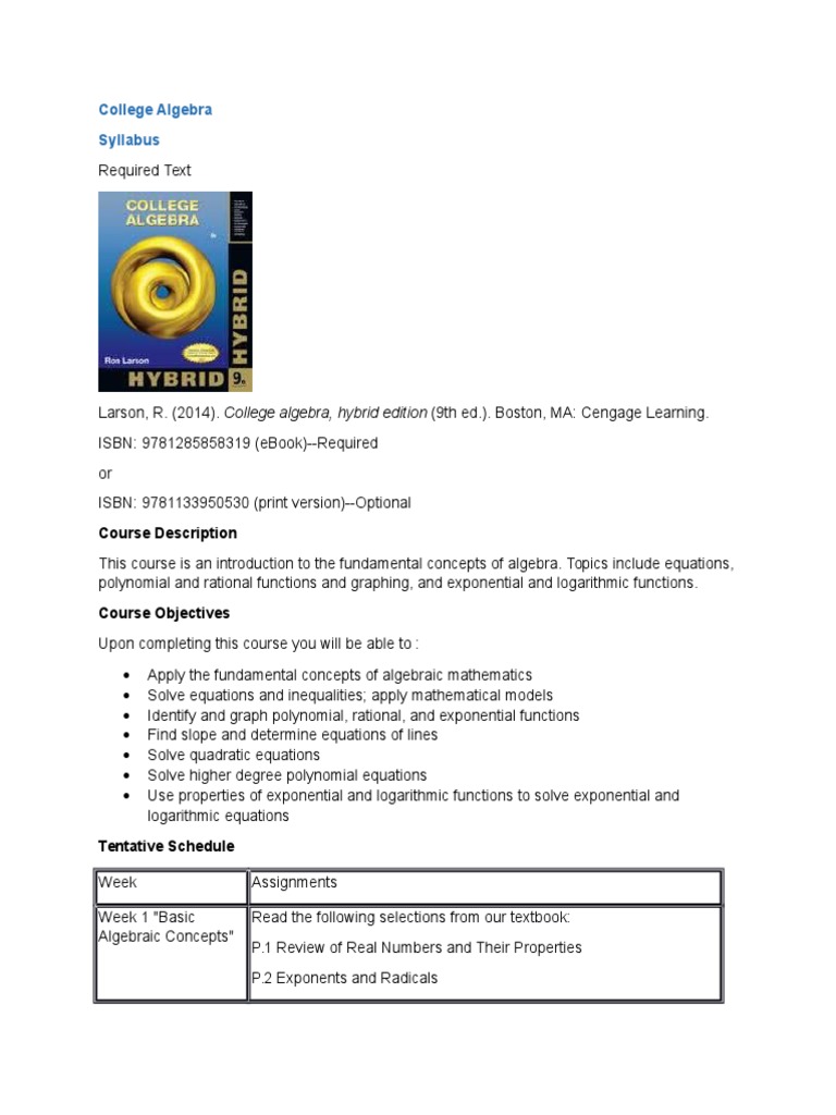College Algebra Syllabus | PDF | Polynomial | Equations