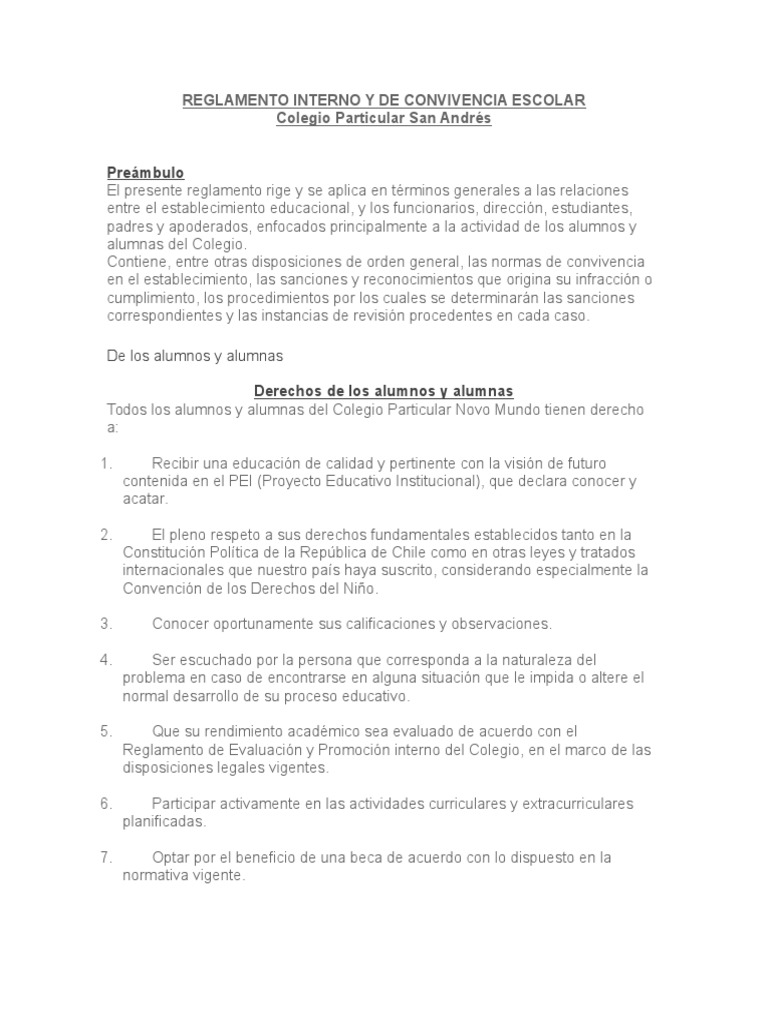 Reglamento Interno y de Convivencia Escolar | PDF | Regulación ...