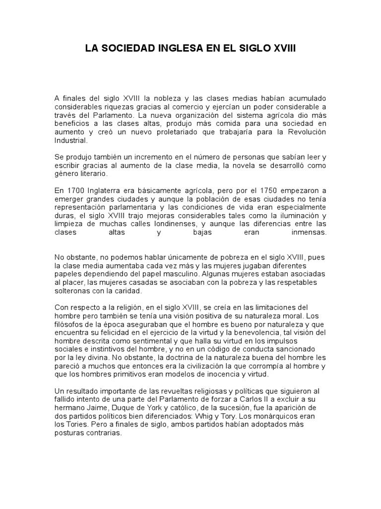 Sociedad Inglesa en el Siglo XVIII | PDF | Clase media | Inglaterra