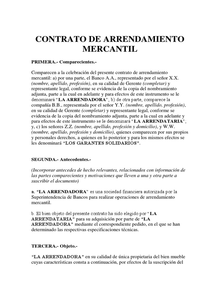 Ejemplo De Contrato De Arrendamiento Mercantil