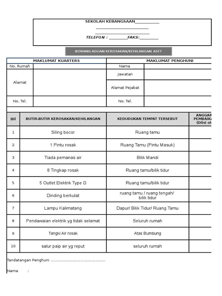 Contoh Borang Aduan Kerosakan Kuarters Guru  PDF