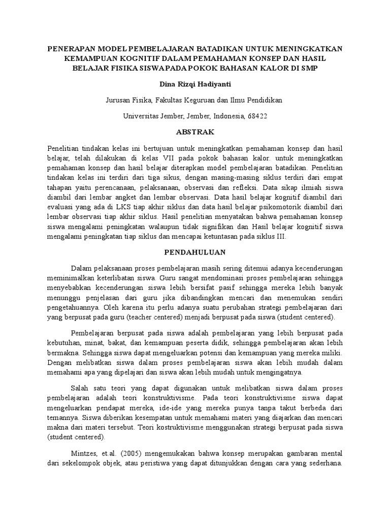 Penerapan Model Pembelajaran Batadikan Untuk Meningkatkan  