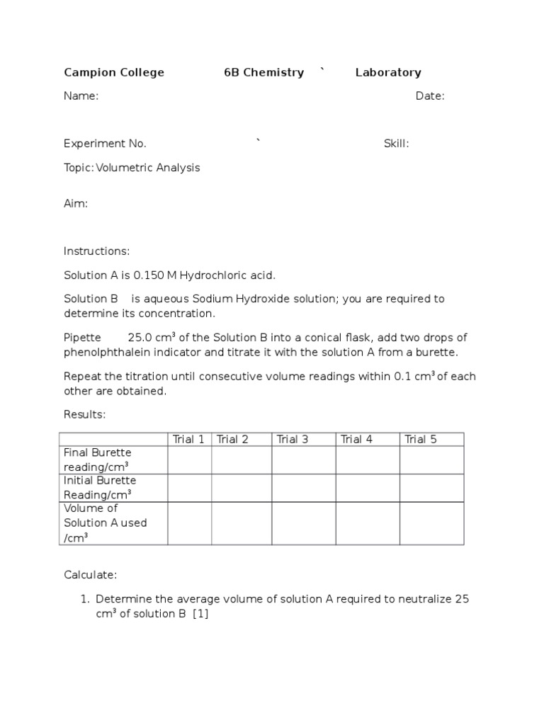 Campion College 6B Chemistry ' Laboratory | PDF | Titration | Chemistry