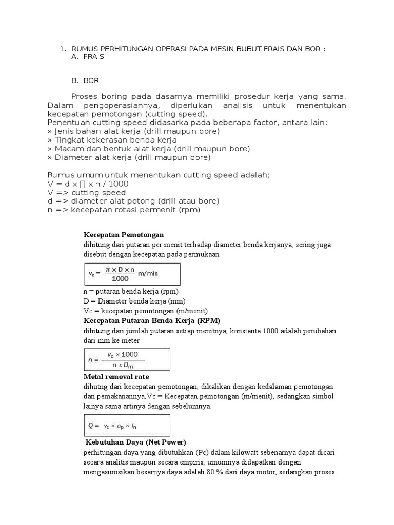 Rumus Perhitungan Operasi Pada Mesin Bubut Frais Dan Bor
