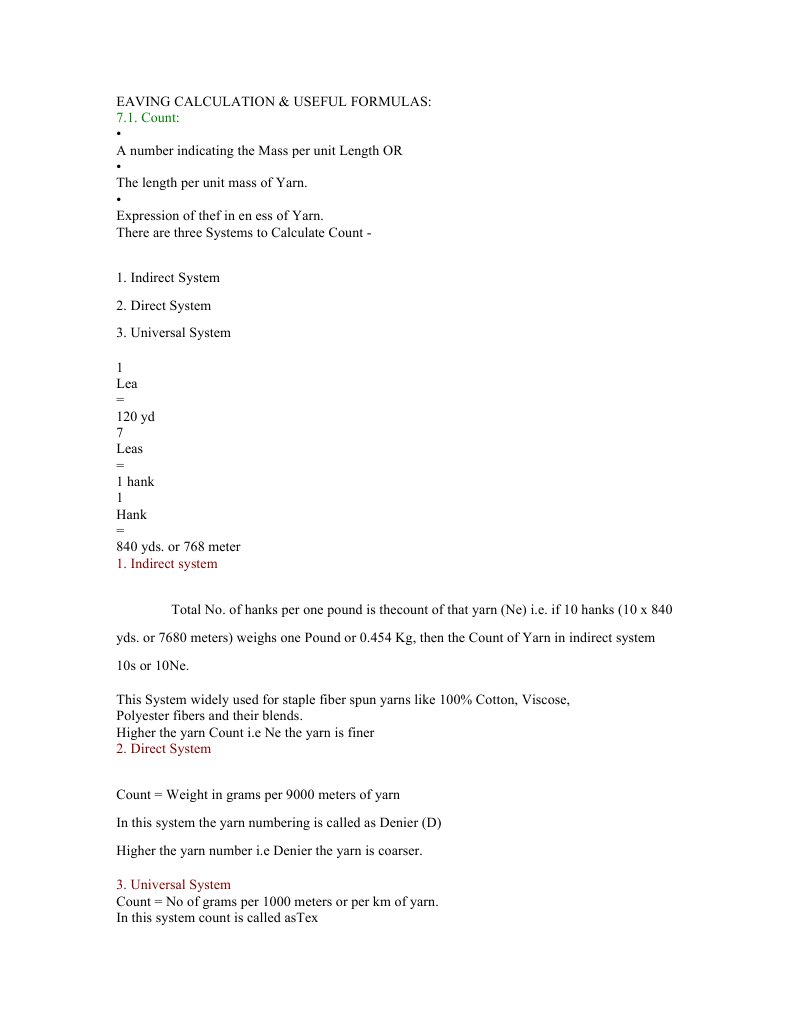Weaving Calculation PDF Yarn Fibers