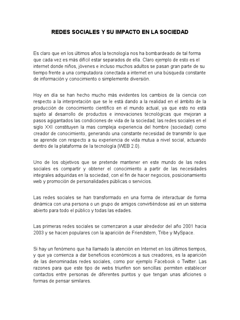 Impacto de las Redes Sociales en la Sociedad | PDF | Servicio de redes ...