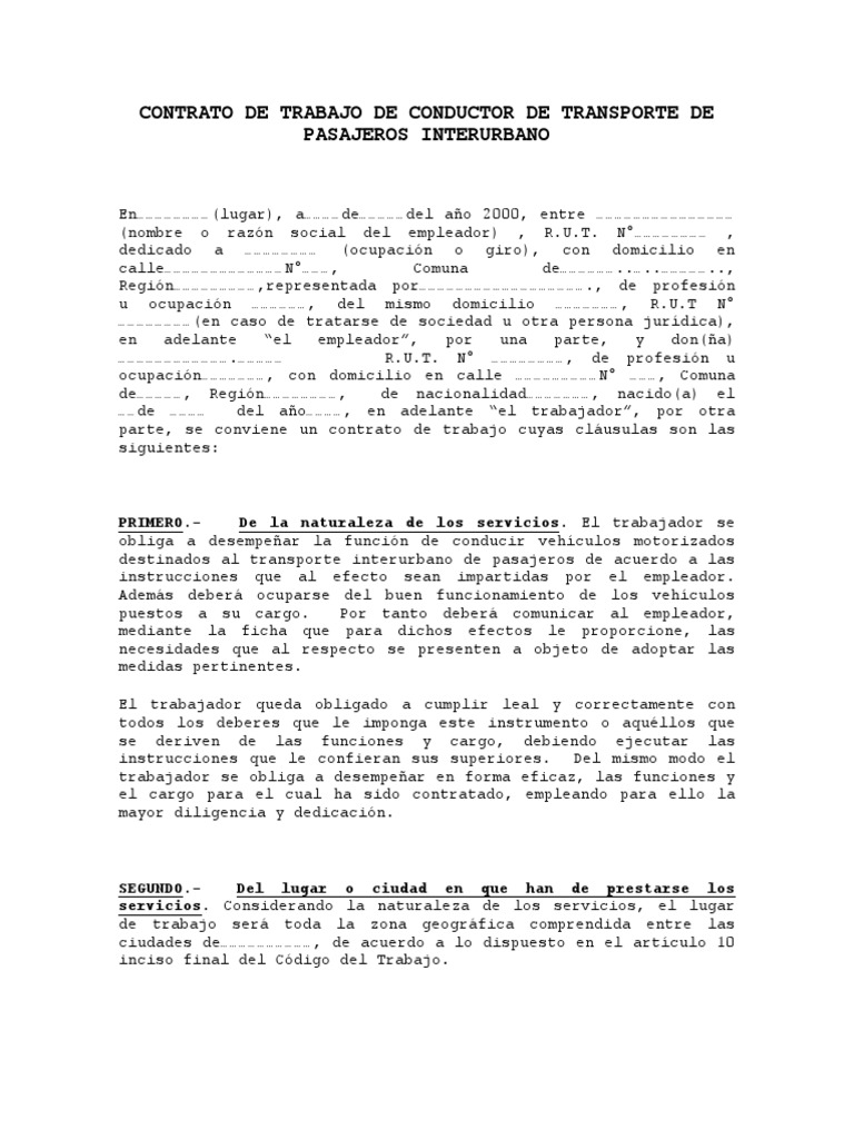 Modelo de Contrato de Trabajo Chofer Profesional Derecho