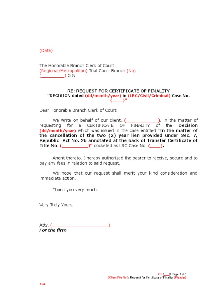 Request for Certificate of Finality | PDF