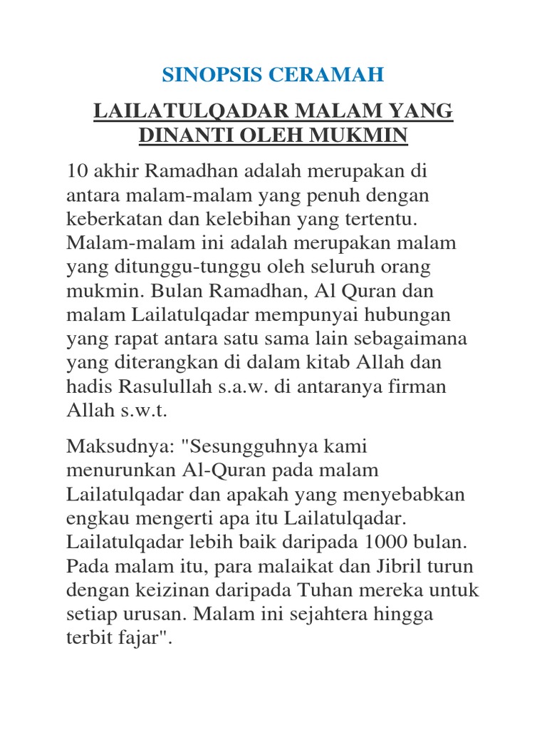 Ceramah Singkat Tentang Malam Lailatul Qadar Sketsa