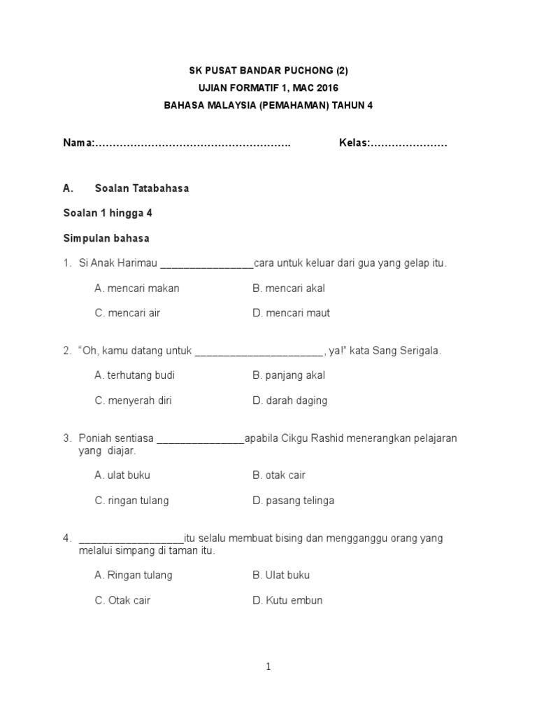 Ujian Bulanan Mac Bahasa Melayu Pemahaman Tahun 4 Pdf