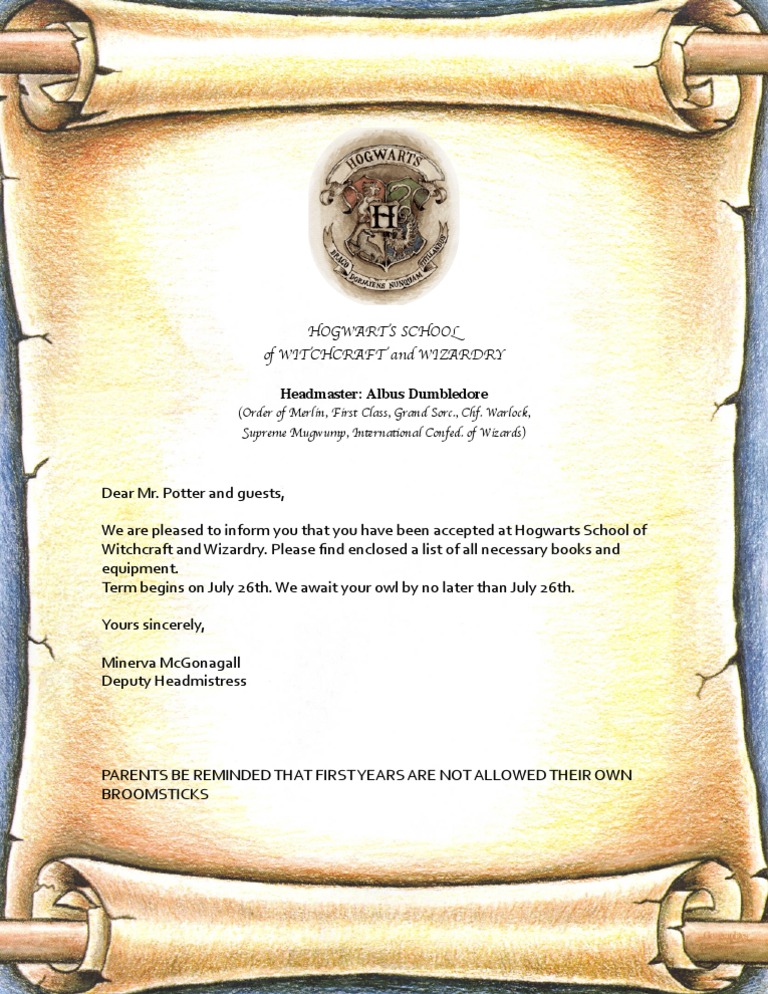 Harry Potter Acceptance Letter