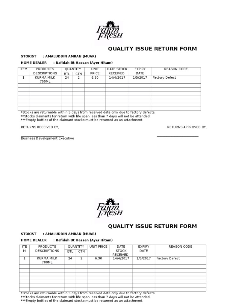 Kurma Milk Quality Issue Return Form | PDF