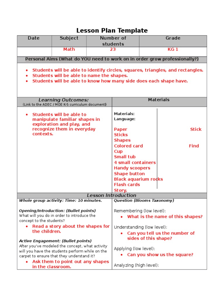lesson plan math 1 shapes  Lesson Plan  Classroom