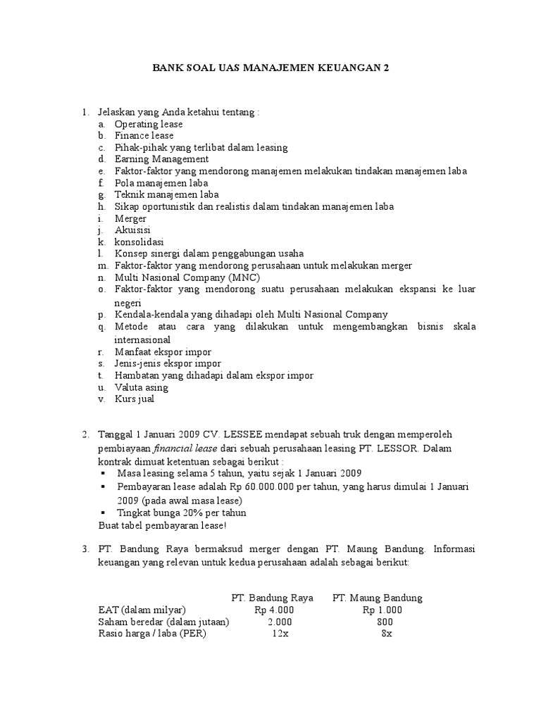 Bank Soal Uas Manajemen Keuangan 2
