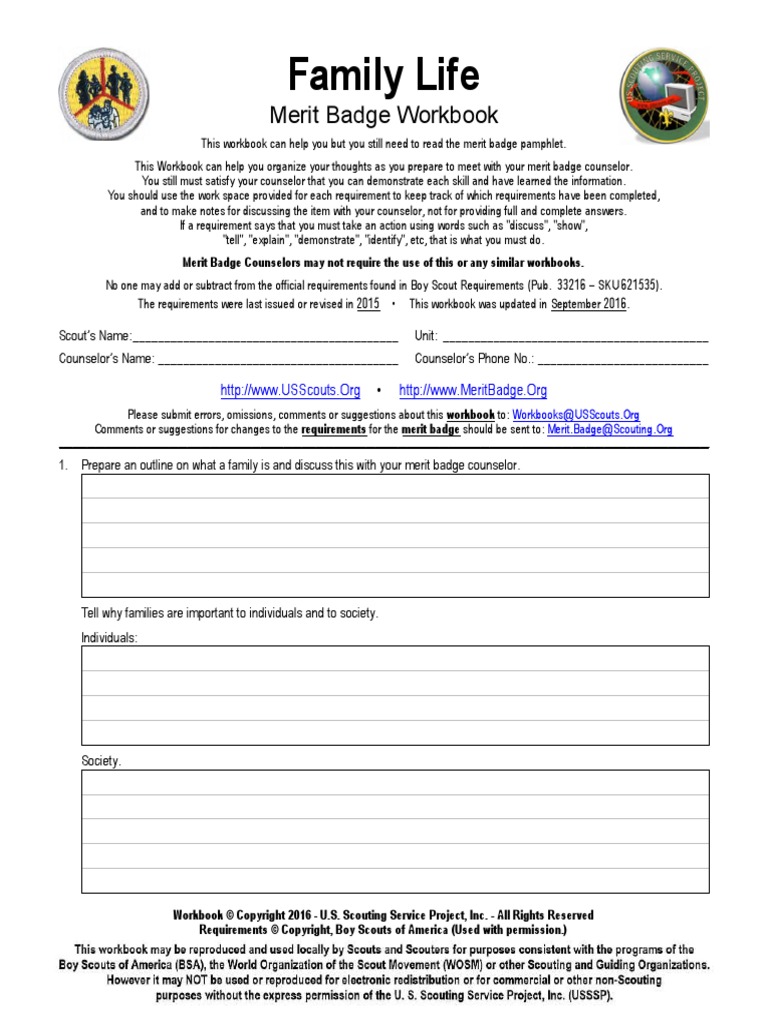 Family Life: Merit Badge Workbook | PDF | Boy Scouts Of America | Scouting