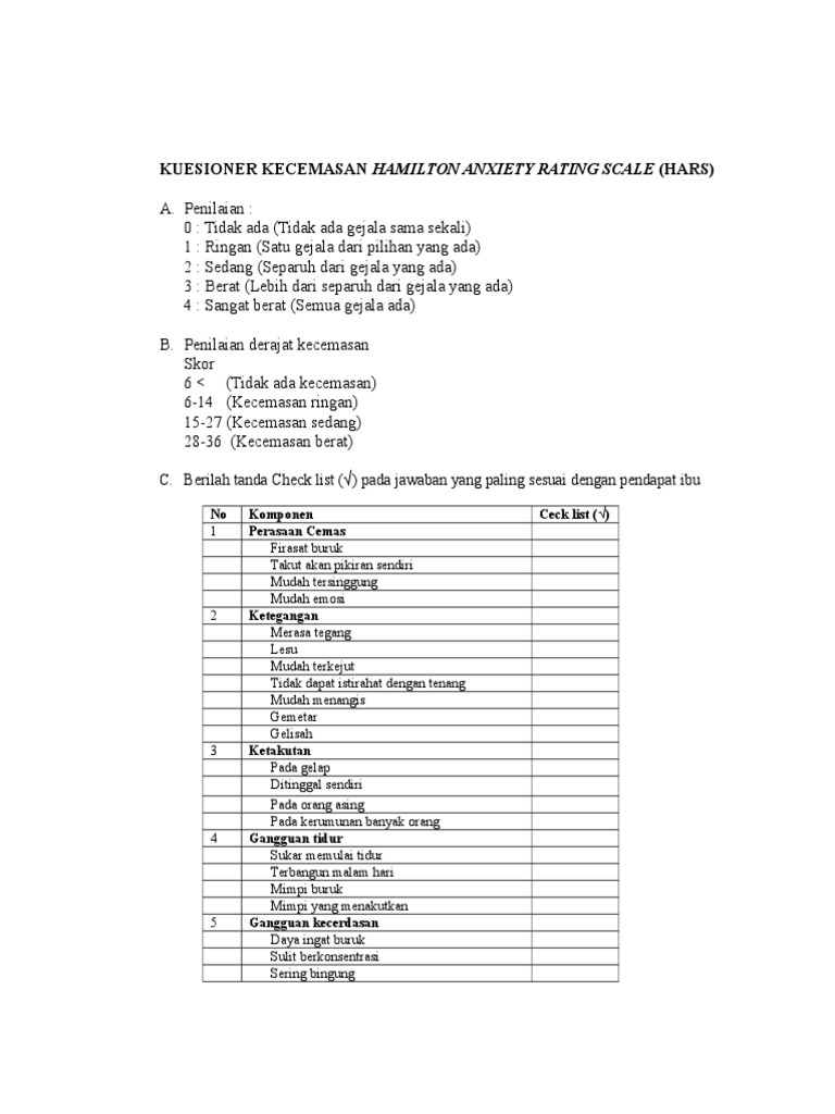 Kuesioner Skala Kecemasan HARS | PDF