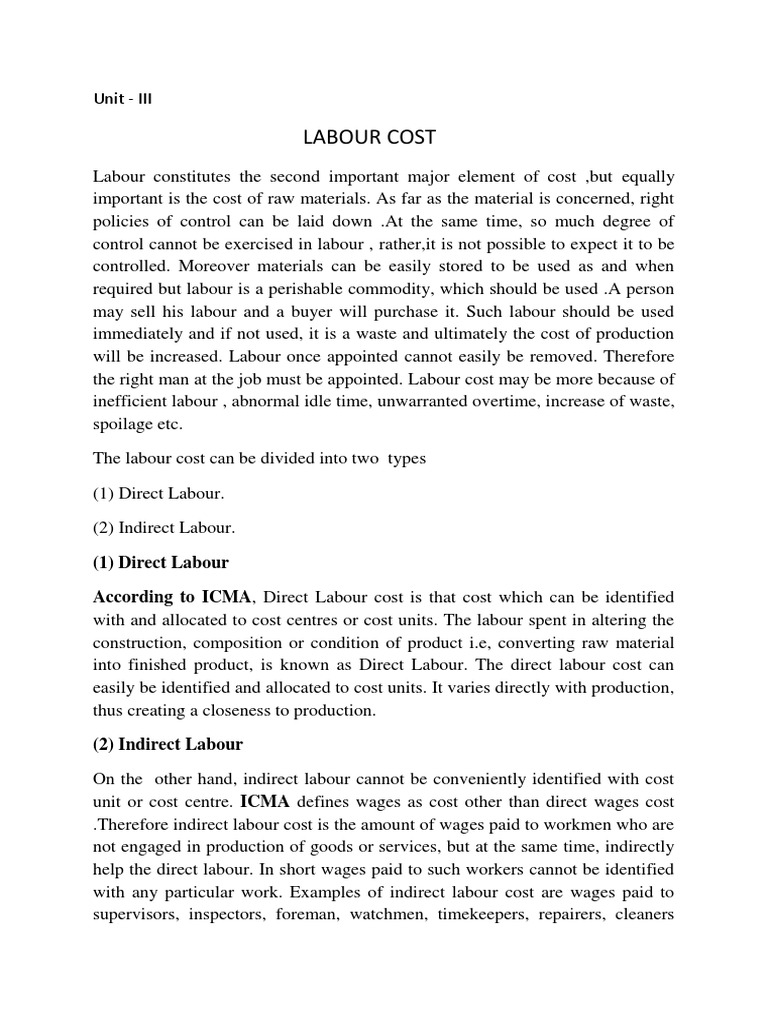 Unit III Labour Cost PDF Piece Work Turnover (Employment)