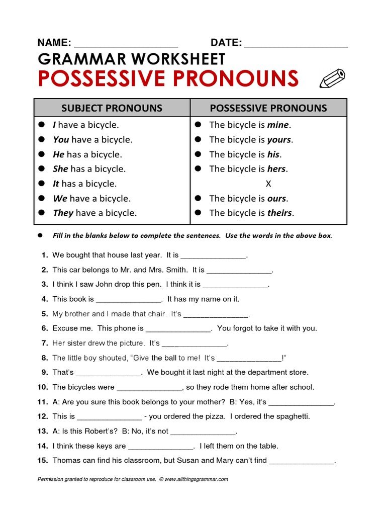 Atg Worksheet Posspronouns PDF | PDF | Grammar | Onomastics
