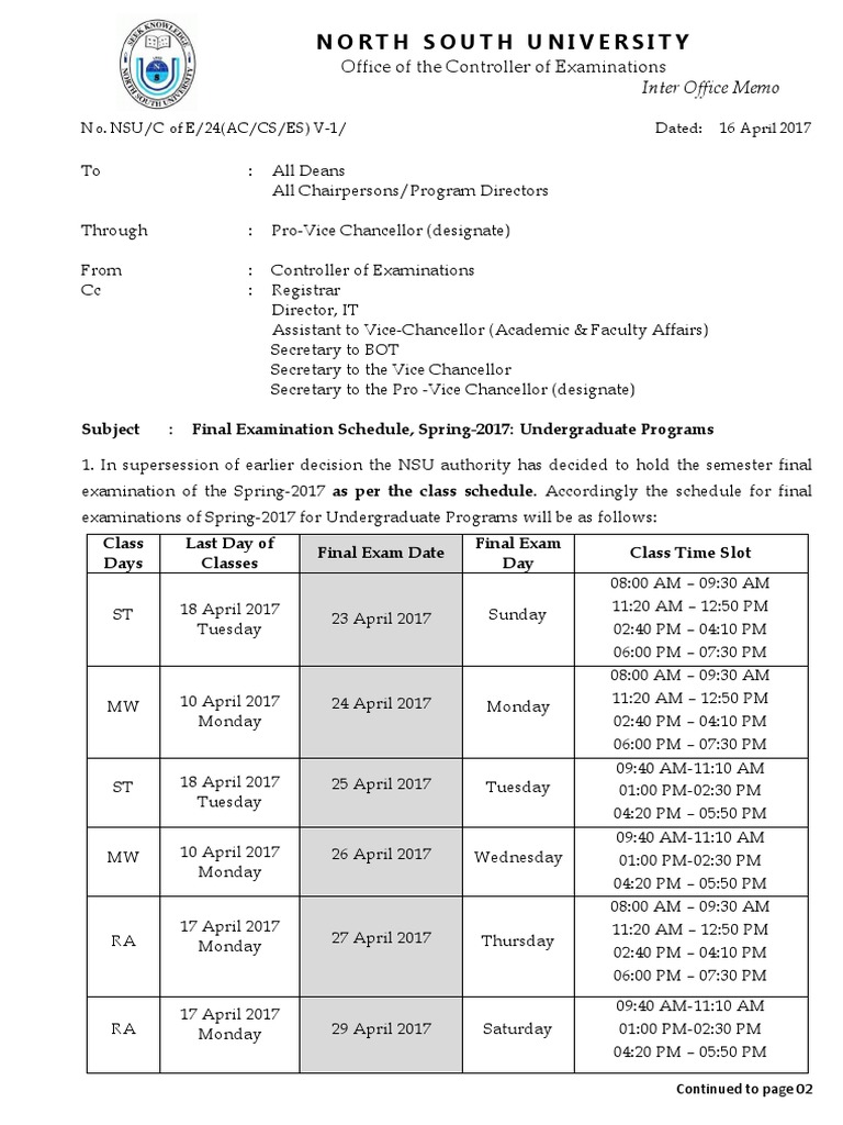 Final Examination Schedule Undergraduate Programs Spring17!16!042017