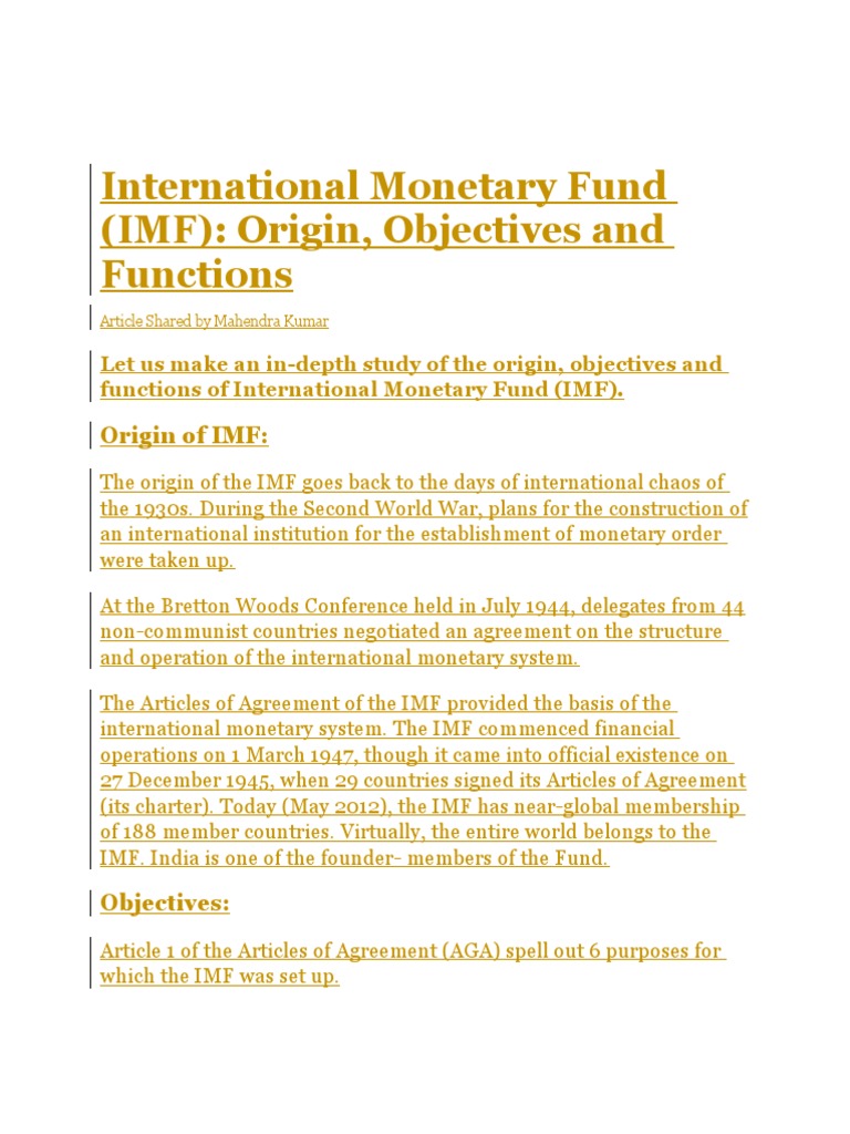 IMF: Origin, Objectives, and Functions | PDF | Special Drawing Rights ...