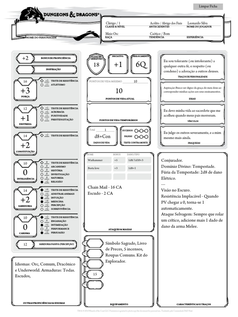 D - D 5 - Ficha Alternativa - Clérigo - Meio Orc - Acólito | PDF, image size:768x1024