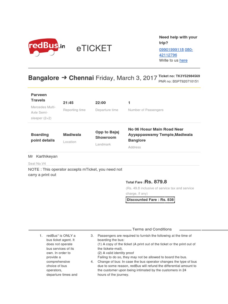 Bangalore to Chennai Bus Ticket Ticket (Admission) Transport