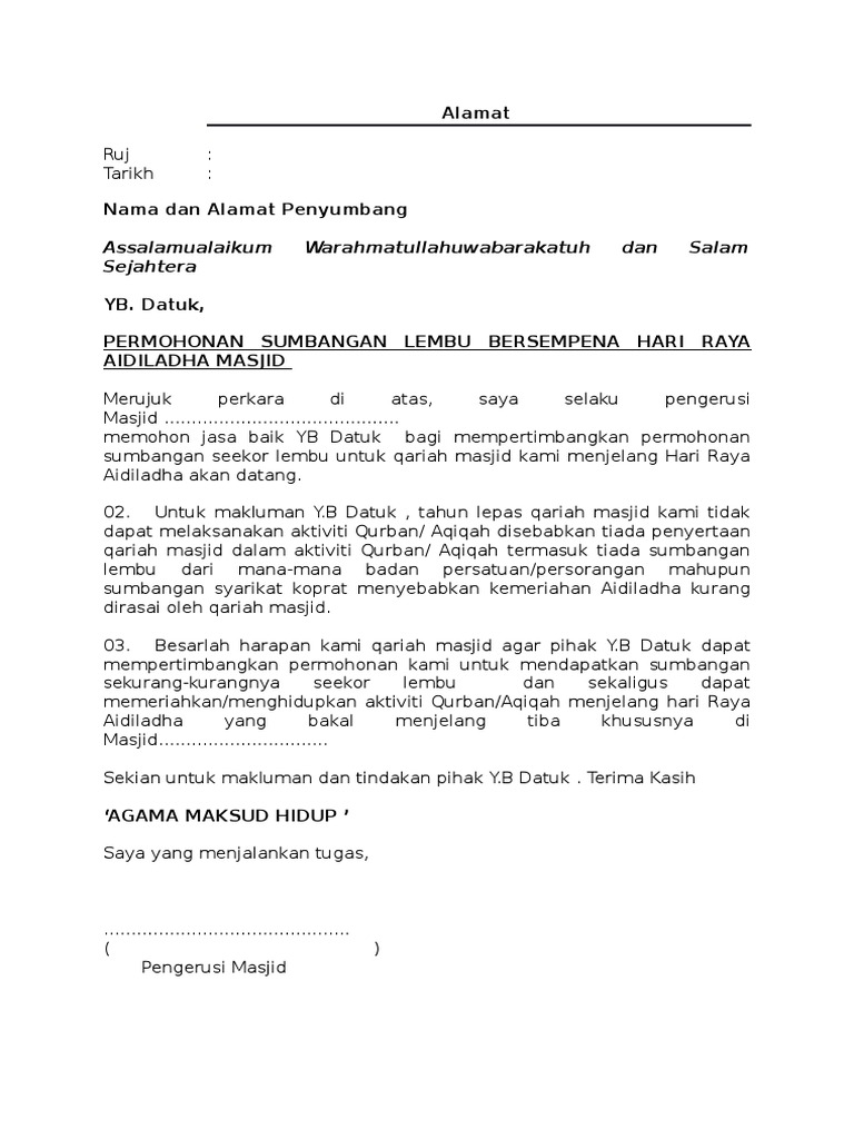 Surat Permohonan Daging Qurban Nasi