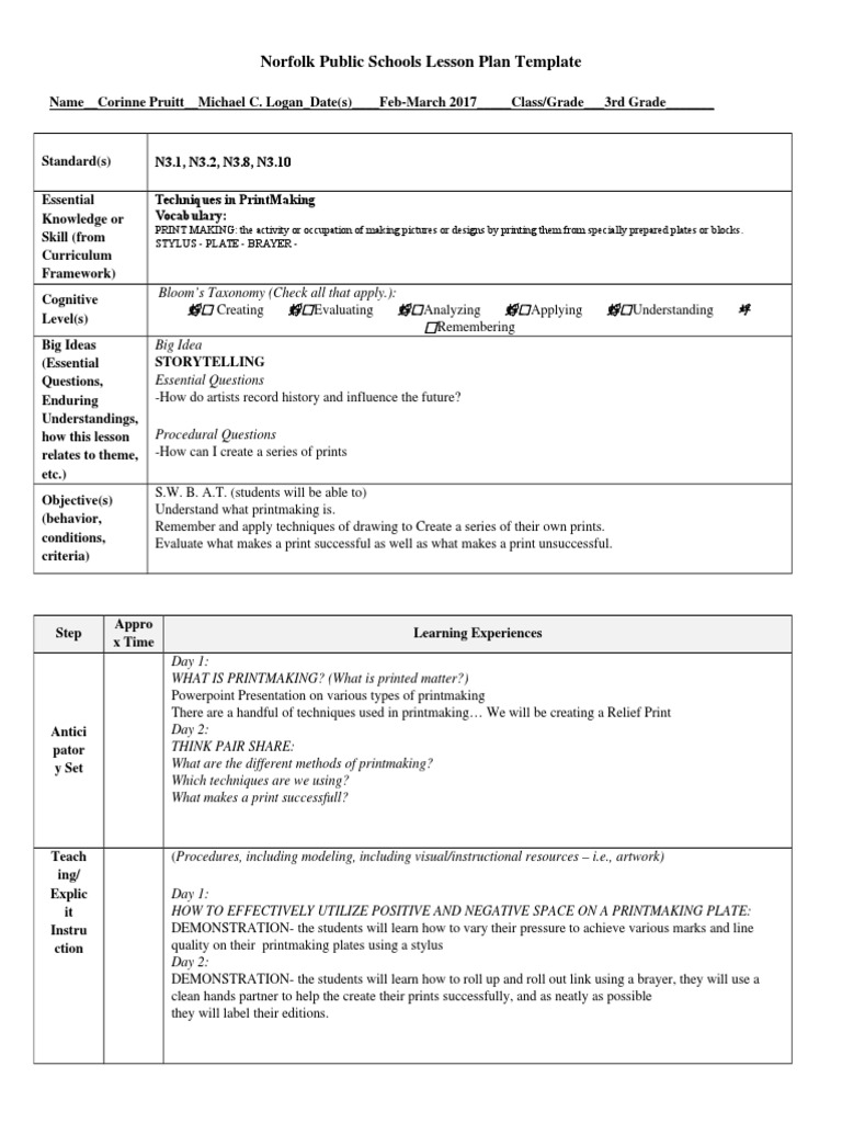 Norfolk Public Schools Lesson Plan Template | PDF | Printmaking ...