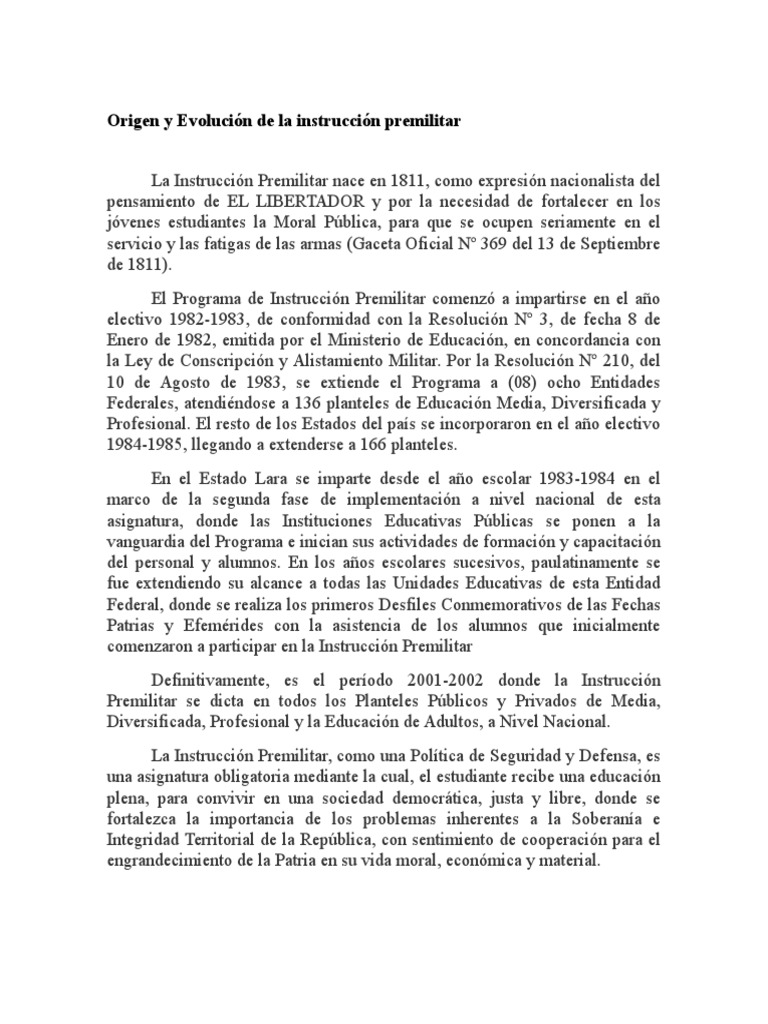 Origen y Evolución de La Instrucción Premilitar | PDF | Política ...