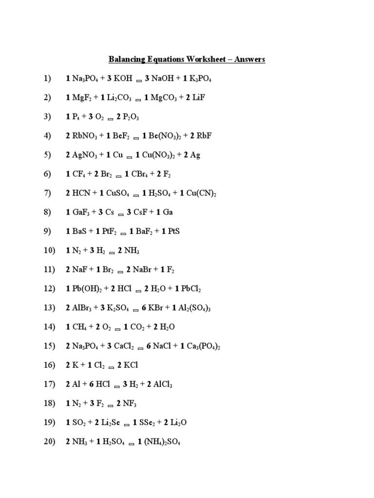 Balancing Equations Worksheet Answers | PDF | Chemical Substances | Mole  (Unit)
