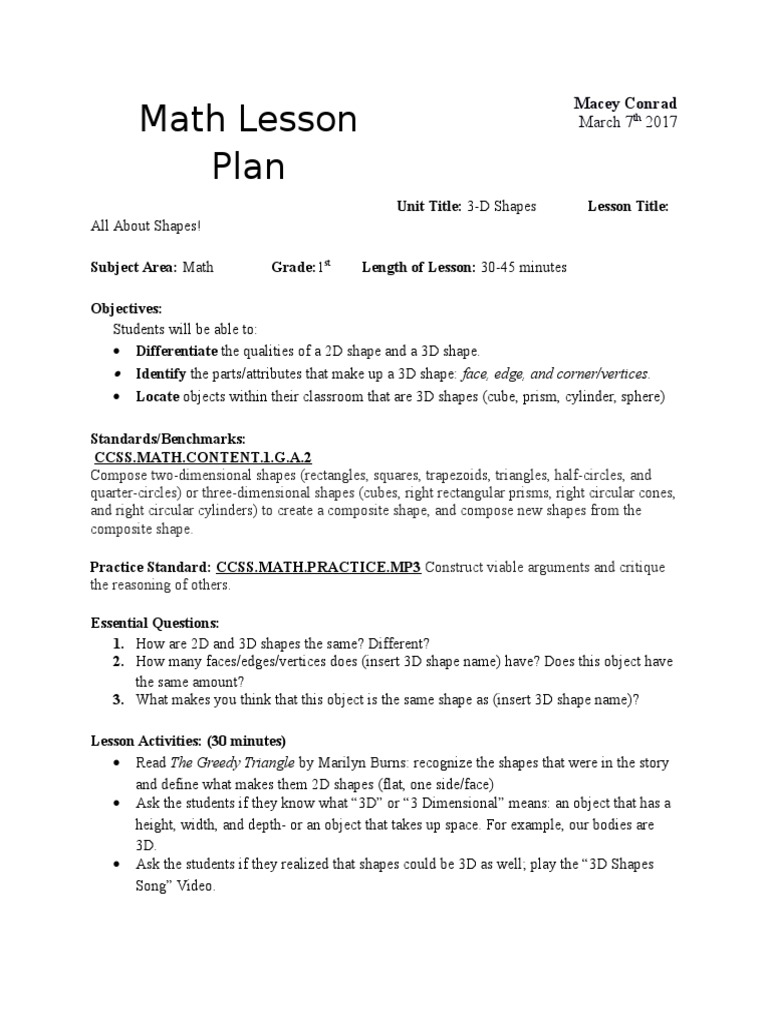 Grade 1 Lesson Plan: 3D Shapes | PDF | Teaching Methods & Materials