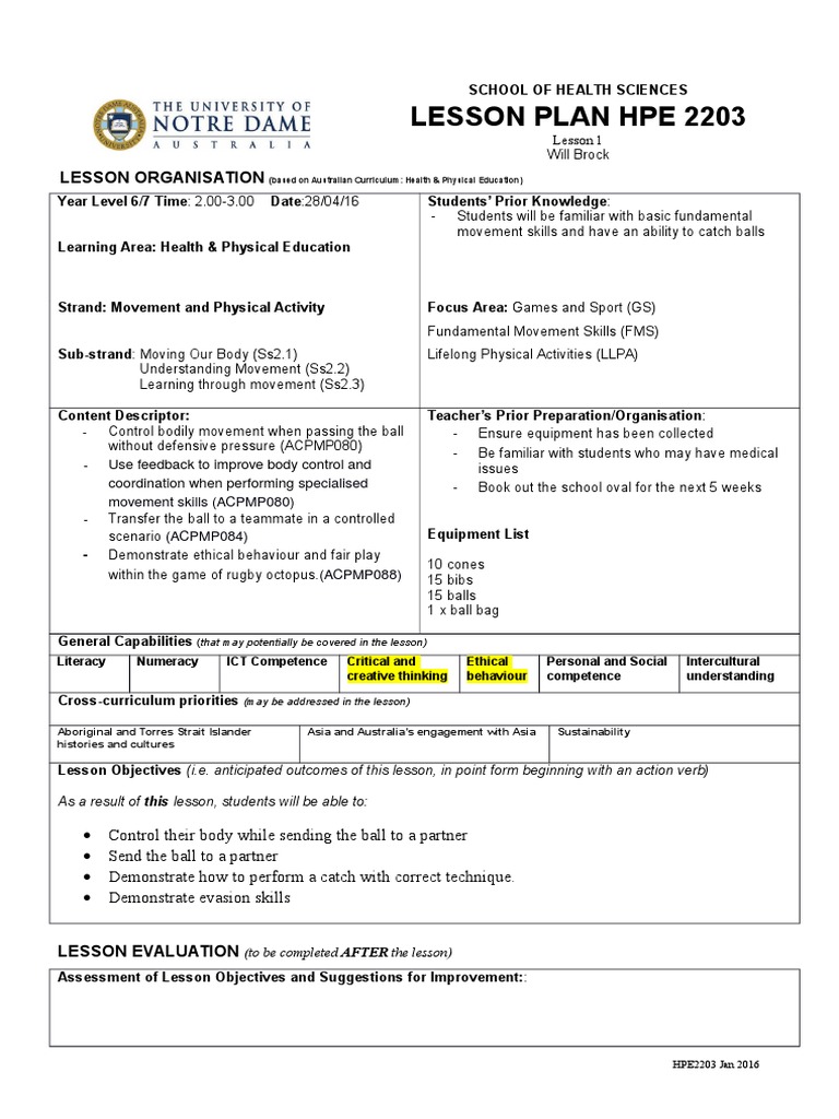 Lesson Plan Hpe 2203 | Download Free PDF | Physical Education ...