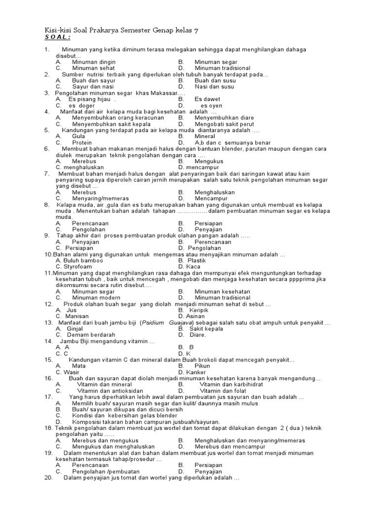 Kisi Kisi Soal Prakarya Kelas 7 2017