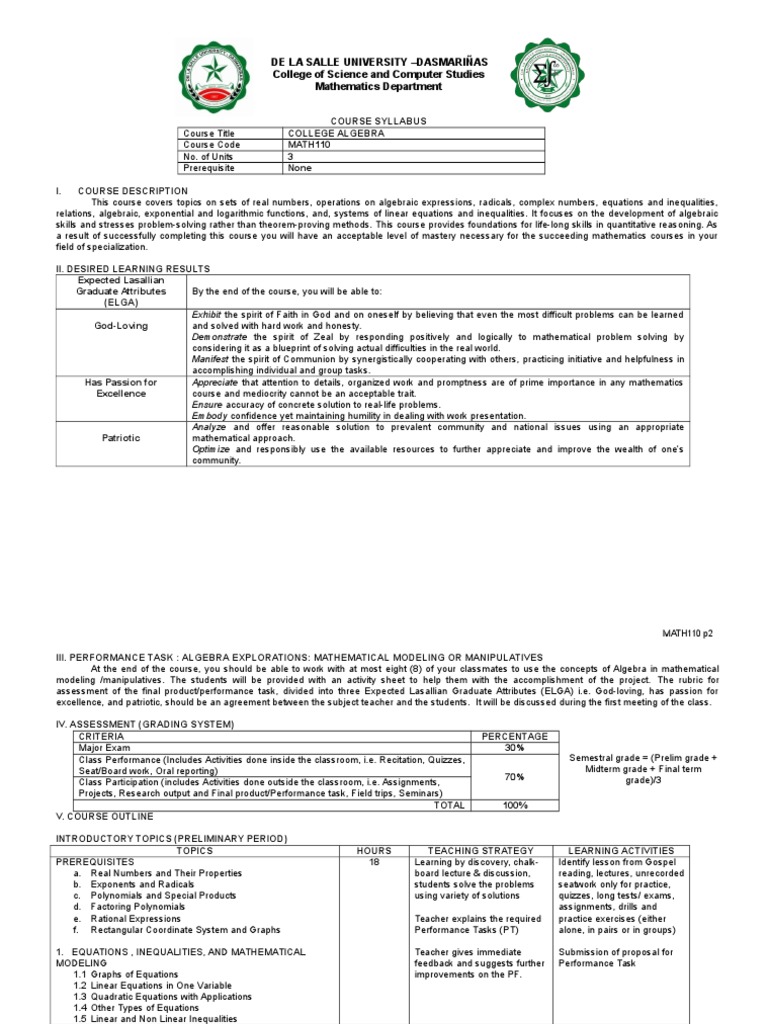 College Algebra Syllabus Overview | PDF | Equations | Polynomial