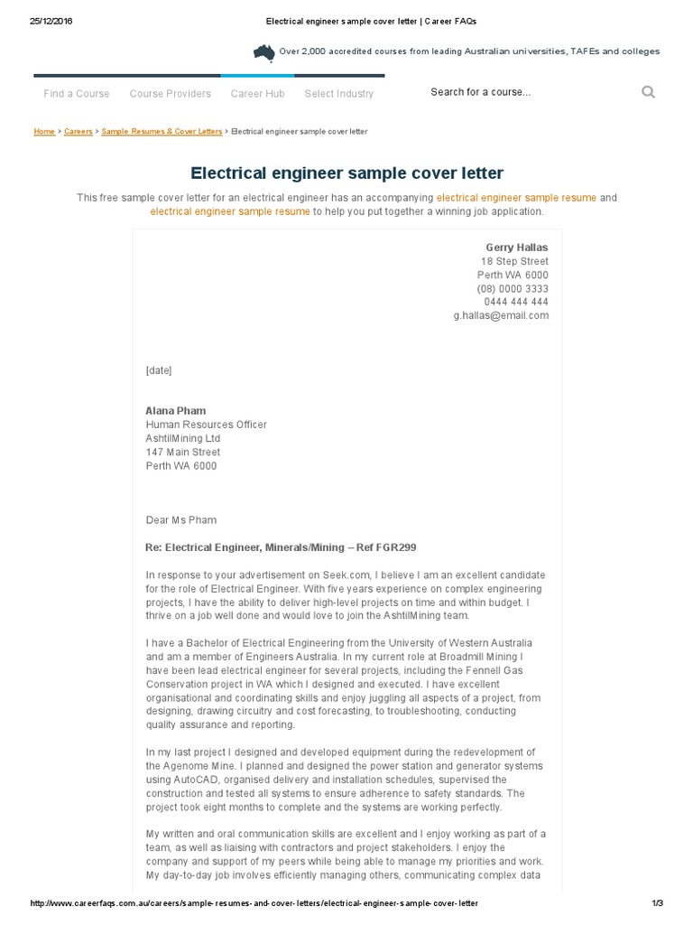 cover letter sample for electrical engineer