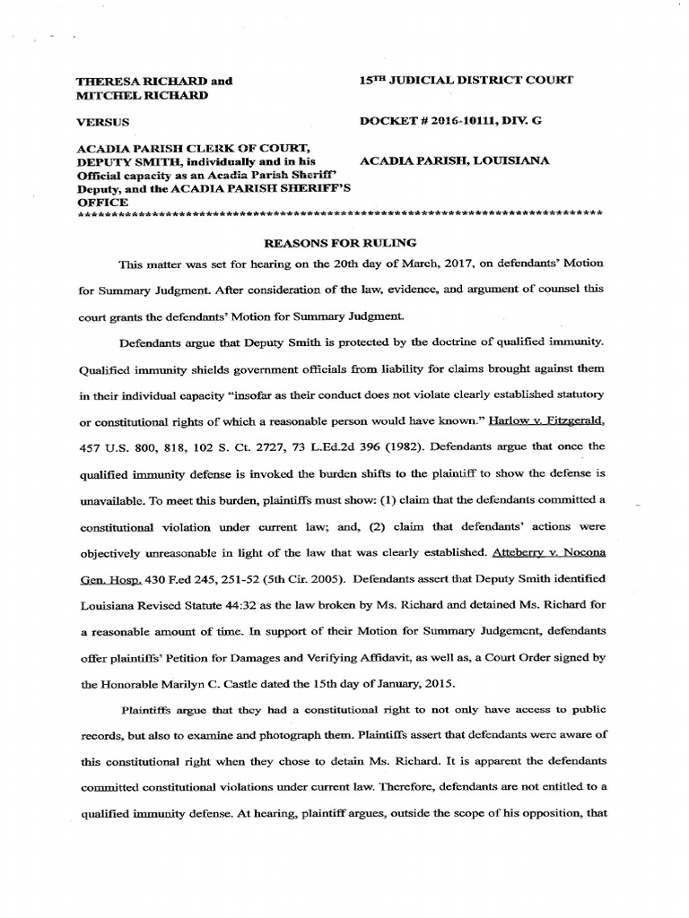 2017 03 27 Motion For Summary Judgement Granted Reasons For Ruling