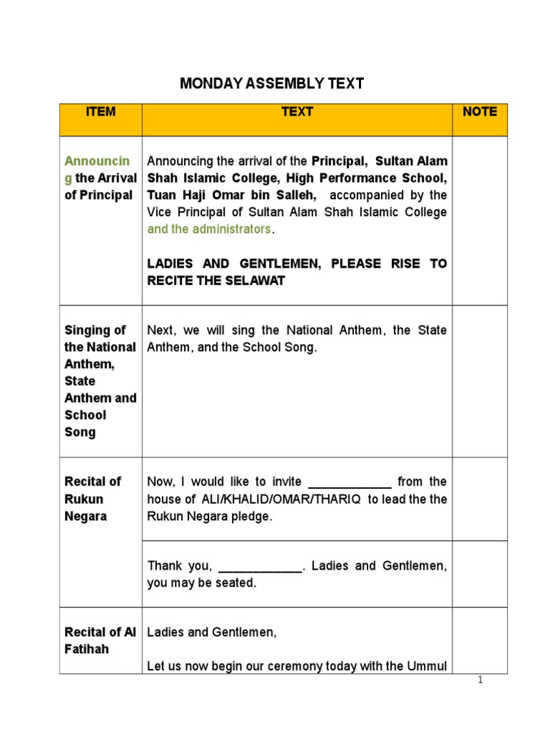 Monday Assembly Agenda Outline | PDF | Quran | Islam