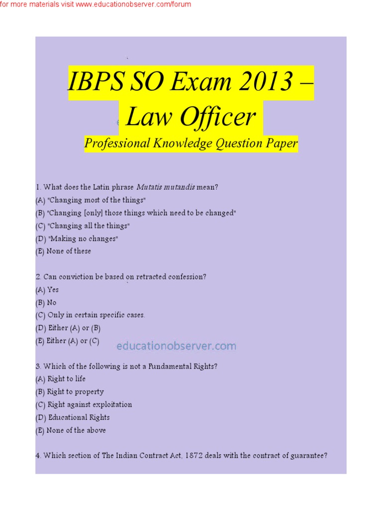 Law Officer Professional Knowledge Question Paper Cheque Payments