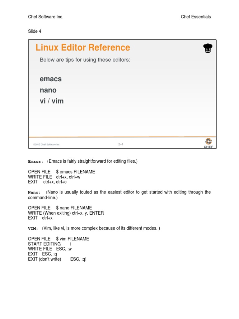 Linux Editor Reference: Emacs Nano VI / Vim | PDF