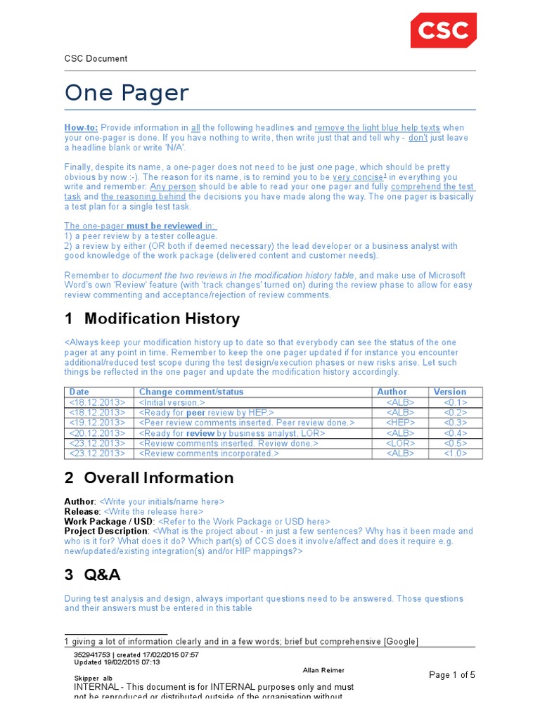One Pager Template | PDF | Software Testing | Component Based Software