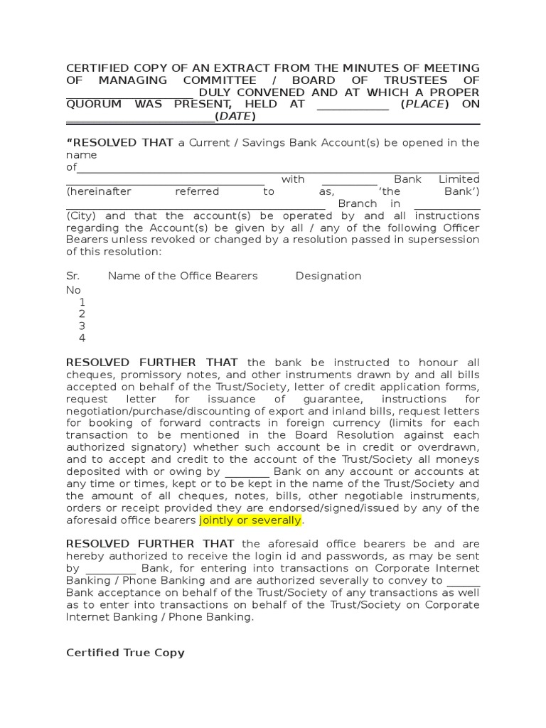 Trust Resolution for Bank Account Opening | PDF