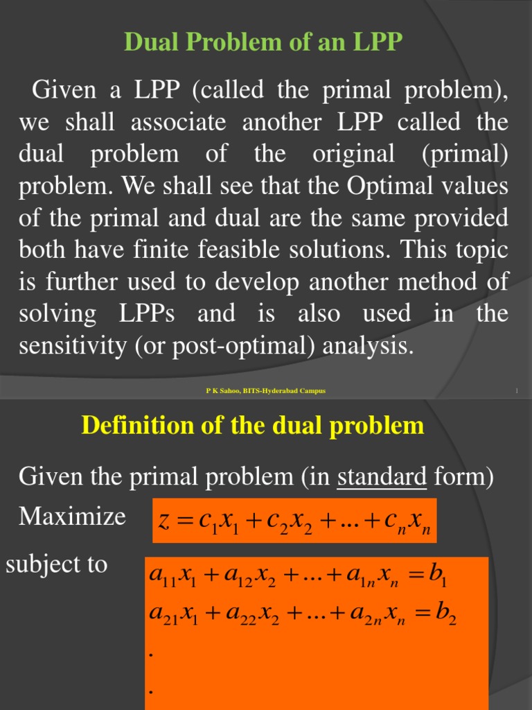 Dual Problem of An LPP: P K Sahoo, BITS-Hyderabad Campus | PDF ...