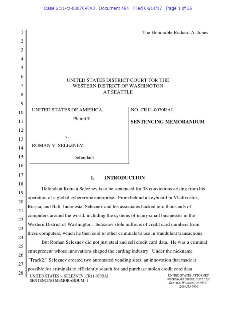 Sentencing Memorandum: United States of America V Roman Valerevich ...