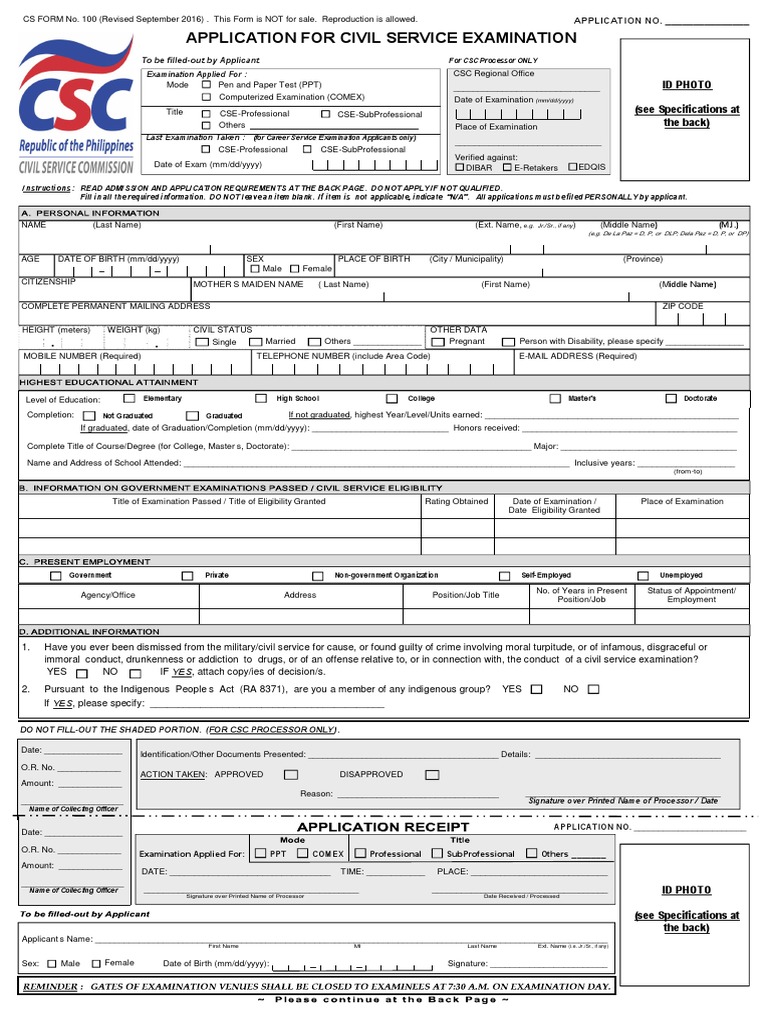 CS Form 100 - Revised September 2016 PDF | PDF | Identity Document ...