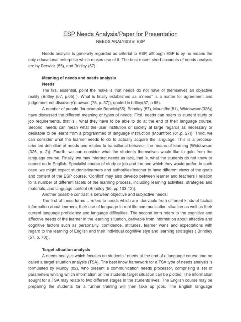 ESP Needs Analysis Overview and Methods | PDF | Employment | Learning