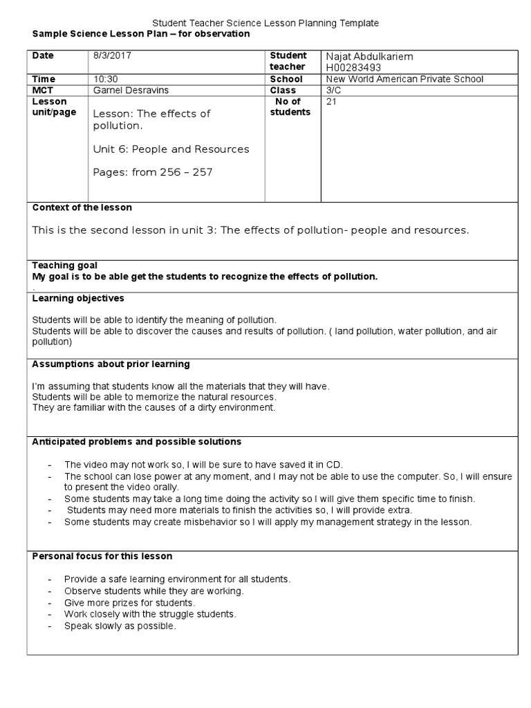 Pollution Lesson Plan | Download Free PDF | Educational Assessment ...