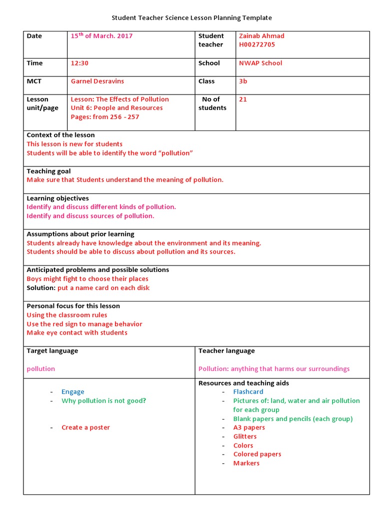 Lesson Plan 3 - Pollution | PDF | Educational Assessment | Lesson Plan